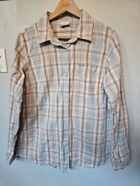 Columbia Sportswear Women's Large Plaid Long Sleeve Button Down Shirt Blue Pink